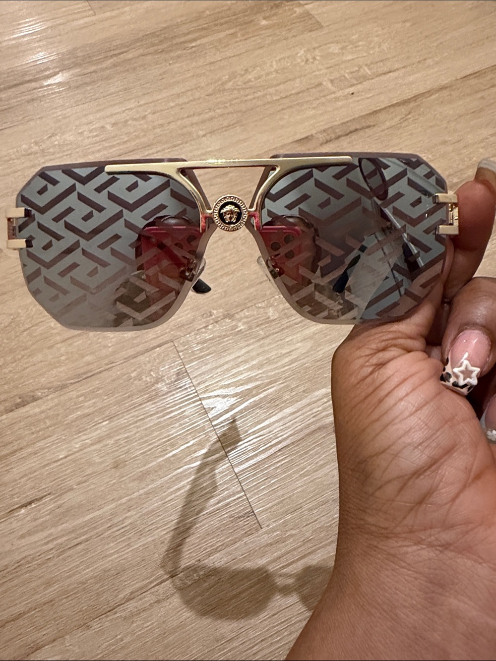 Versace Gold Shield Sunglasses with Grey Patterned Lenses